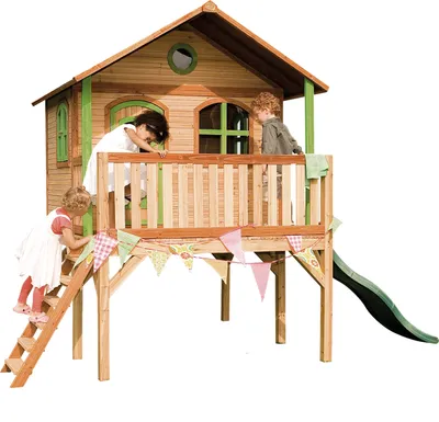 Produktbild von AXI Spielhaus Sophie mit grüner Rutsche | Stelzenhaus in Braun & Grün aus Holz für Kinder | Spielturm mit Wellenrutsche für den Garten
