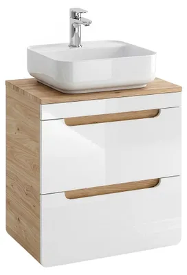 Produktbild von Waschtischunterschrank 60 cm mit 40 cm Keramikbecken LUTON-56 Hochglanz weiß mit Wotan Eiche Nb. B/H/T ca. 61/75,5/46 cm