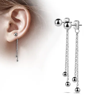 Produktbild von Ohrringe Vorne und Hinten lang: Kugel Ohrstecker Ohrhänger mit Ketten Silber