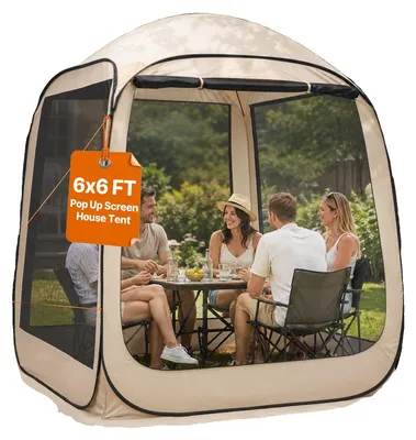 Produktbild von VEVOR Bildschirmhaus Zelt, 3660 x 3380 x 2300 mm, 10-12 Personen Pop-Up Bildschirmzelt, tragbares Zelt mit Tragetasche, Netzseiten, Erdnägel, für Garten, Terrasse, Outdoor-Aktivitäten, Beige, 182.88x182.88x219.4 cm-Standard