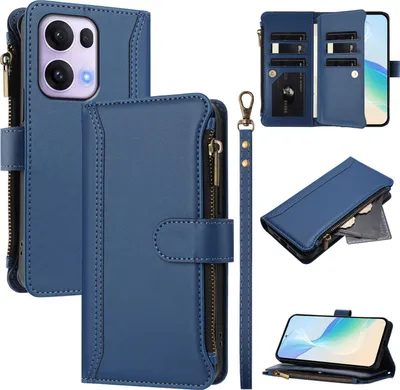 Image de Etui pour Oppo Reno13 Pro, zippé, étui portefeuille en cuirPolyuréthaneavec pochettes pour cartes, support et dragonne bleu