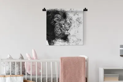 Produktbild von MuchoWow® Wandteppich Wandbehang Löwe - Rauch - Tiere - Schwarz - Weiß 60x60 cm Tapisserie Dekoration Wandtuch - Dekorationen - Wand Decke