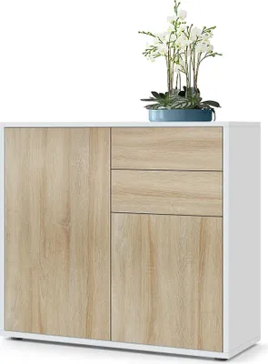 Produktbild von Vladon Sideboard Ben,  Germany, Kommode mit 2 Türen und 2 Schubladen, Weiß matt/Eiche Sägegrau (79 x 74 x 36 cm)