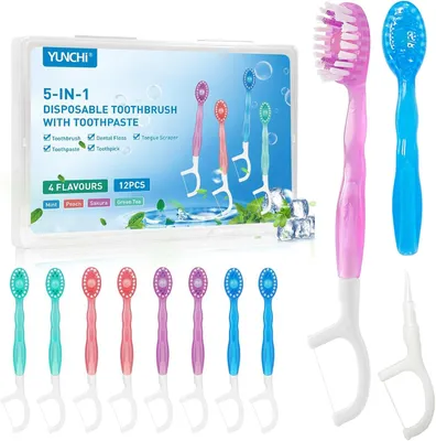 Image de Brosses à dents jetables, 12 pièces, 5 en 1, avec dentifrice et fil dentaire, idéales pour le camping