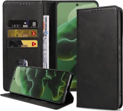 Produktbild von Geeignet für Motorola Moto G35 Handytasche Kunstleder mit Magnetverschluss und Kartenhalter Bookcase mit Klappe - Wallet Case mit Kartenfach - Schwarz - Smartphonics