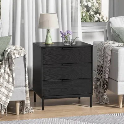Image de Table de chevet noire avec 3 tiroirs, table de nuit en bois, petite table d'appoint