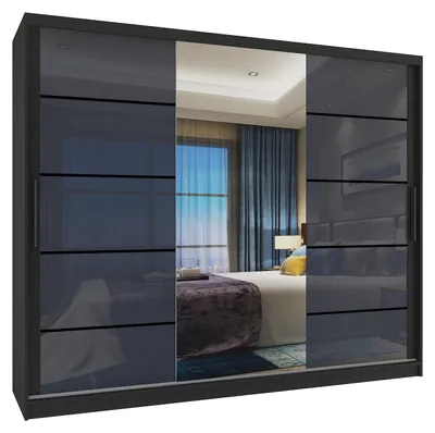 Immagine prodotto di BELINI Verona, armadio scorrevole da 232 cm, nero/grigio lucido - armadio con specchio e 4 cassetti, ideale per la camera da letto