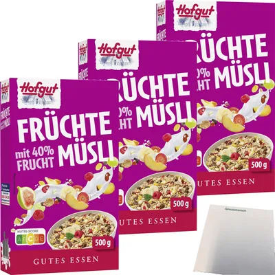 Produktbild von Hofgut Müsli Früchte 3er Pack (3x500g Packung) + usy Block