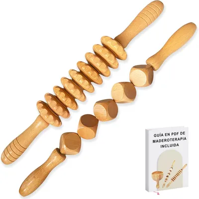 Productafbeelding van Massage set bestaande uit 2 delen, geschikt voor lichaamsmassage, ontspanning, gemaakt van hout, inclusief een massageroller, voor spiermassage, vermindering van cellulite, en voor lichaamsmesotherapie