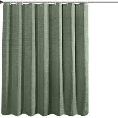 Produktbild von MODFU Waffel Duschvorhang mit 12 Stück Metall Duschvorhangringe Stoff Textil Badewannenvorhang Anti Schimmel Bad Vorhang Set Wasserdicht Badewanne Vorhang Schwerer Shower Curtain Badezimmer - 180 x 180cm Grün