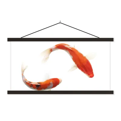Produktbild von MuchoWow® Textilposter Koi-Karpfen vor einem weißen Hintergrund 150x75 cm mit schwarzem Rahmen - Posterleiste