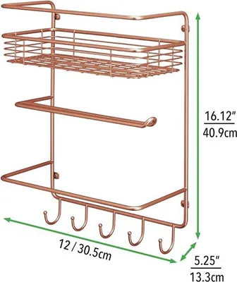 Zdjęcie produktu dla Unyqoos® Organizer kuchenny montowany na ścianie, oszczędzający miejsce, z półką, haczykami i uchwytem na rolki kuchenne, wykonany z metalowego drutu z powłoką odporną na korozję, kolor miedziany, wymiary: 13,2 x 30,5 x 41 cm