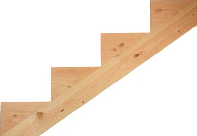 A close-up of a wooden staircase stringer with four steps, isolated on a white background.
