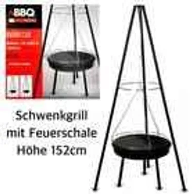 Produktbild von Schwenkgrill mit Dreibein und Feuerschale – Höhenverstellbarer Rundgrill, 152 cm hoch, Grillrost Ø 52 cm für BBQ und Garten