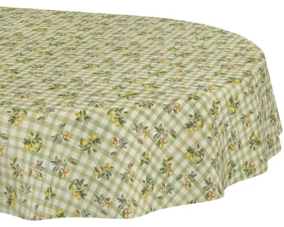 Produktbild von Tischdecke 140x240cm Oval Grün Barcelona Stoff Premium Karo Zitrone wasserabweisend pflegeleicht Schnittkante