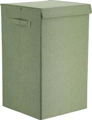A green fabric laundry basket with a lid and handles, shown from a slightly angled front view against a white background.