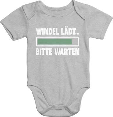 Produktbild von Kurzarm Baby-Body mit Aufdruck Windel lädt bitte warten Spruch lustig Baumwolle Moonworks® weiß grau 3-6 Monate