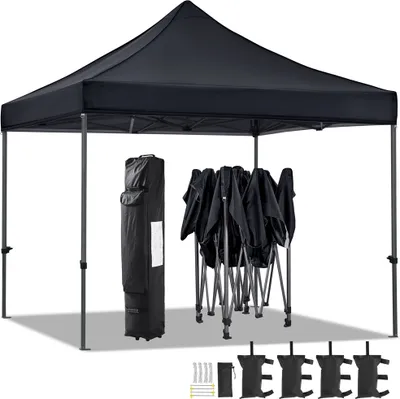 Produktbild von Yaheetech 3x3m Pavillon mit Rollen Tragetasche & Sandsäcken, Faltpavillon Partyzelt mit Pop-Up Klicksystem, UV-Schutz 50+, Schwarz