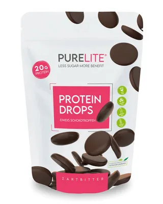 Produktbild von PURELITE Schoko Protein Drops Zartbitter, 20g Protein, Vegan, Schokodrops ohne Zucker, mit Erythrit & Stevia, zum Naschen & Backen, 450g