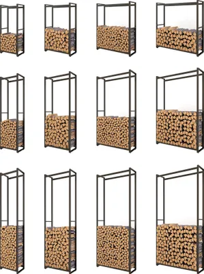 Zdjęcie produktu dla Montixx składany stojak na drewno kominkowe H150xB85xT25 cm, metalowy regał na drewno opałowe, malowany proszkowo na czarno.