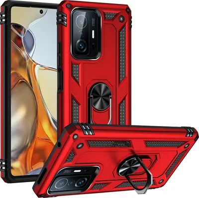 Immagine prodotto di Custodia per Xiaomi Mi 11T / Mi 11T Pro a doppio strato robusta, protezione militare con supporto ad anello e supporto rosso