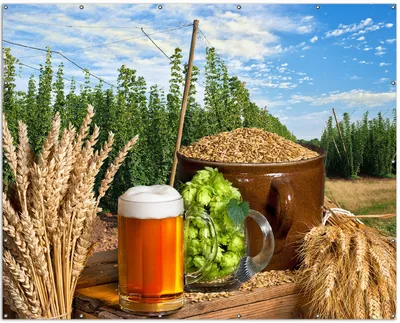 Produktbild von Wallario XXL Outdoor-Poster für Garten oder Balkon, Motiv Frisch gezapftes Bier, Hopfen und Malz, in ca. 250 x 200 cm