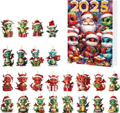 Produktbild von Weihnachts-Drachen-Adventskalender 2025, 24-teilig, Acryl-Drachen-Anhänger, Countdown-Kalender, Urlaubsgeschenke für Kinder und Erwachsene