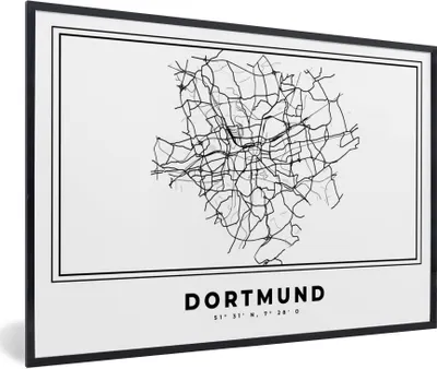 Produktbild von MuchoWow® Gerahmtes Poster Stadtplan - Deutschland - Schwarz und weiß - Dortmund - Karte 90x60 cm - Poster mit Schwarzem Bilderrahmen Wandposter Rahmen Foto Bilder - Fotorahmen - Foto-Plakat