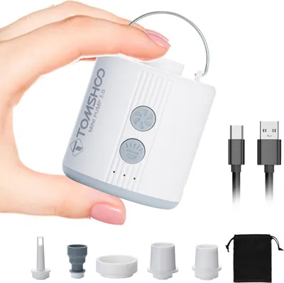 Produktbild von TOMSHOO Tragbare elektrische Luftpumpe mit LED-Licht, wiederaufladbarer Mini-Inflator fuer Schwimmringe, Schwimmbecken, Luftbett, Vakuum-Aufbewahrungstasche
