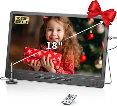 Image de Mini-téléviseur LCD portable de 45,7 cm (18 pouces) avec tuner DVB/T2, alimentation 12 V, résolution HD 1080P, idéal pour les activités de plein air, les campings, les chambres, les cuisines. Il prend en charge les entrées USB, HDMI et AV
