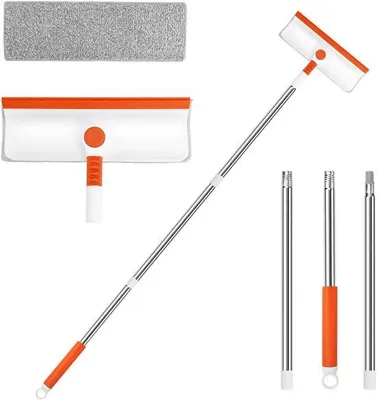 Image de Kit de nettoyage de fenêtres Unyqoos® – raclette et brosse en microfibre 2-en-1, flexible, avec manche articulé à 180° et tige télescopique jusqu'à 132 cm