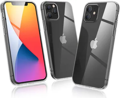 Three clear phone cases are displayed on a white background. One case shows the front of a phone with a colorful wallpaper, while the other two cases show the back of the phones with the Apple logo.