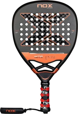A black and orange padel racket with the brand name 'NOX' visible.