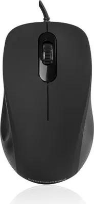 A top-down view of a black computer mouse on a white background.