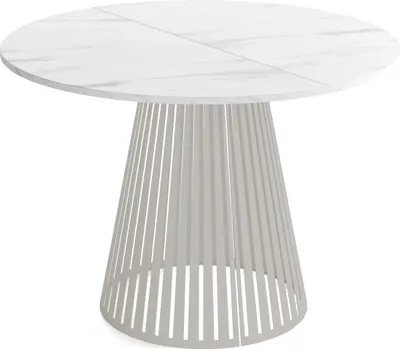 Produktbild von Esstisch Rund Ausziehbar mit Lamellen im Loft-Stil – 100 bis 180 cm – Industrieller Tisch mit Kaschmir Metallbeinen, Platzsparend für Wohnzimmer oder Esszimmer – Marmor Weiß