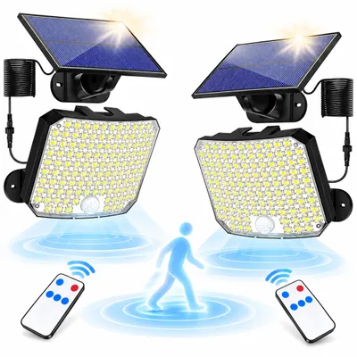 Immagine prodotto di 2x 118 LED faretti solari con sensore di movimento Telecomando Lampada solare da esterno Proiettore con cavo da 5 m Bianco freddo Per esterni Lampada da parete Lampade da giardino