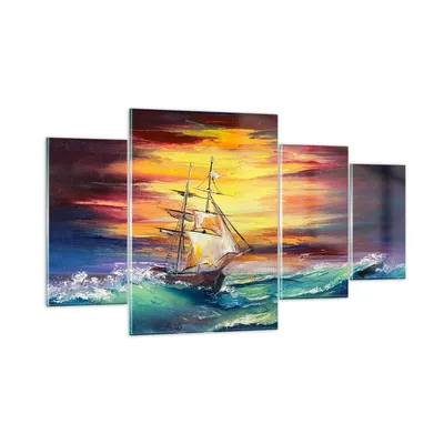Produktbild von Bilder auf glas - Meer Welle Boot - 160x90cm - Glasbilder - Wandbilder - Kunstdruck - zum Aufhängen bereit - Wanddekoration aus Glas - Glas Bilder - Wandbild auf Glas - 4 Teile - GDL160x90-3460