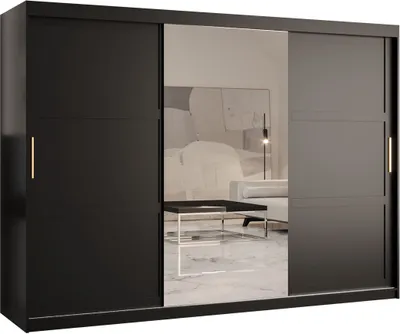Produktbild von MIRJAN24 Kleiderschrank Riflo Ramiro 2 250, Schwebetürenschrank mit zwei Kleiderstangen, Garderobe mit Frontspiegel (Farbe: Schwarz, Größe: 250 cm)