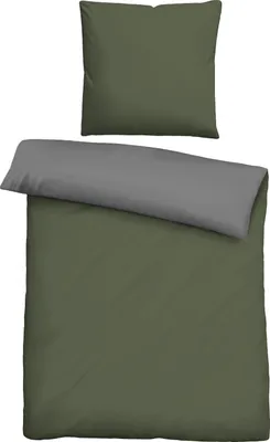 A folded duvet cover and a pillowcase, both in solid colors.