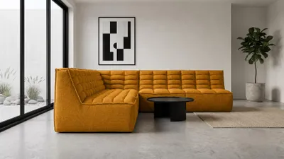 Image de Canapé d'angle modulaire Kaiser Möbel, en forme de L, revêtement en tissu "Pop", couleur moutarde, côté gauche, modèle "LAZY L"
