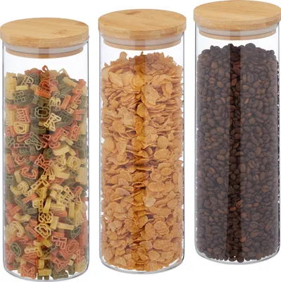 Immagine prodotto di Barattoli per alimenti Relaxdays con coperchio in bambù, set da 3, barattoli rotondi in vetro, 1600 ml, ermetici, trasparenti/naturali