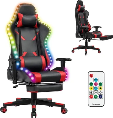 A gaming chair with LED lights and a remote control.