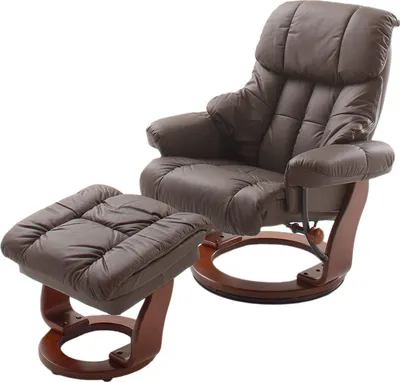 Produktbild von Relaxsessel >Carl I< mit Hocker, bis 130 kg belastbar, drehbarer Fernsehsessel mit Liegefunktion, Echtleder braun, Gestell Holz walnuss