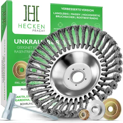 Produktbild von HECKENPRACHT© Profi Unkrautbürste für Freischneider | Verbessertes Konzept 2026 - Wildkrautbürste für Motorsense zur effektiven Unkrautentfernung - 25,4mm Bohrung | Drahtbürste Freischneider