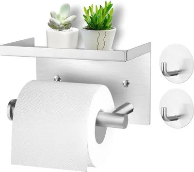 Produktbild von Famanu WC-Rollenhalter mit 17 cm Ablage - Gebürsteter Edelstahl - Selbstklebend - Wandmontage - Silber