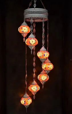 Produktbild von Hanglampe mit buntem rosa Glas-Mosaik, handgefertigte orientalische Kronleuchter mit 7 Glaskugeln, cremeweiß