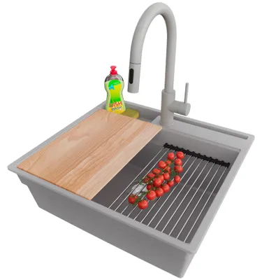 Produktbild von PRIMAGRAN Granitspüle Grau 58x53cm, Spülbecken 1 Becken + Küchenarmatur 40x20cm + Ablauf-Set + Küchenzubehörset, Küchenspüle ab 60er Unterschrank - Oslo Pocket