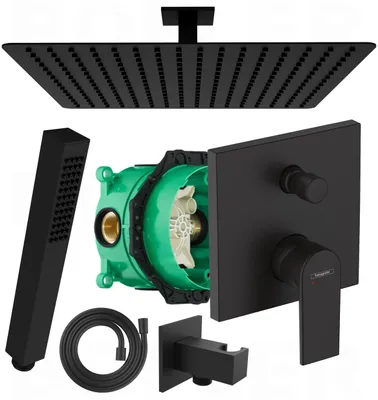 Produktbild von HANSGROHE VERNIS SHAPE Armatur + Ibox | BOFLER Unterputz Duschsystem #11, XXL Regendusche 40x40cm, Deckenarm 10cm, Handbrause, Brauseset, matt schwarz