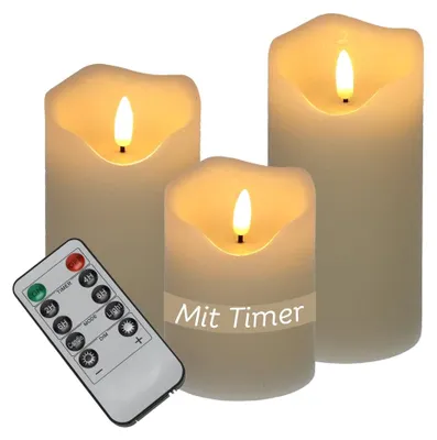 Produktbild von 3er Set LED Kerzen mit Timerfunktion Echtwachs Kerzen mit Fernbedienung LED Kerzen flackernde Flamme Weihnachtsdeko Elektrische Kerze Dimmbar Creme 3 Größen