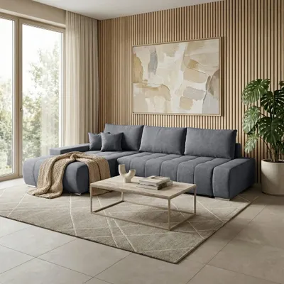 Image de Canapé d'angle en L Draco avec fonction lit Canapé d'angle en L avec armoire lit 265 cm, couleur : gris, ottoman : gauche